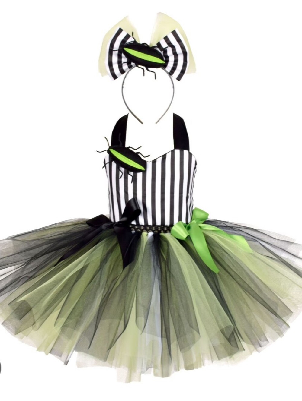 Beetlejuice Girls Striped Black & Lime Green Tutu Costume with Headband